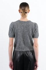 Grey Knit Short Sleeve Sweater with Embossed Bow
