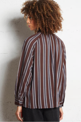 Brown and Blue Stripe Tie Front Long Sleeve Top