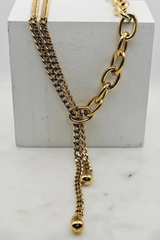 Lariat Style Three Layered Gold Necklace w/ Teardrops