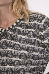 Olive/White/Blue Stripe V-Neck Long Sleeve Sweater