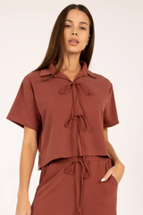 Rust Tie-Front Collared V Neck Cropped Blouse