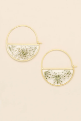 Pressed Flower Hoop Earrings - White Lace Flower/Gold