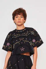 Black Embroidery Pewter Top