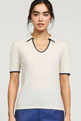 Cream U-Shape Polo Short Sleeve Knit Top