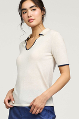 Cream U-Shape Polo Short Sleeve Knit Top