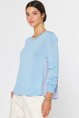 Light Blue Crewneck with Stripe Pleated Woven Back with Rhinestones