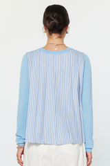 Light Blue Crewneck with Stripe Pleated Woven Back with Rhinestones