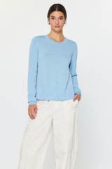 Light Blue Crewneck with Stripe Pleated Woven Back with Rhinestones