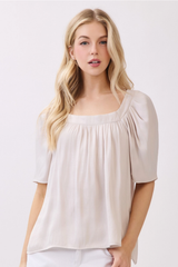 Cream Square Neck Detailed Puff Short Sleeve Top