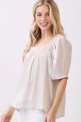 Cream Square Neck Detailed Puff Short Sleeve Top