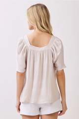 Cream Square Neck Detailed Puff Short Sleeve Top