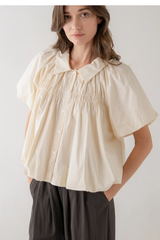 Puff Sleeve Button Down Blouse w/ Gathered Bodice