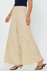 Sand Elastic Waiste Tiered Wide Leg Pants