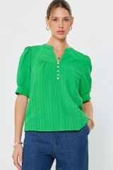 Green Split Neck Button Front Short Sleeve Top