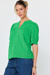 Green Split Neck Button Front Short Sleeve Top