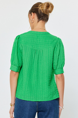 Green Split Neck Button Front Short Sleeve Top