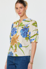 Floral Print Split Neck Button Front Short Sleeve Top