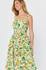Lemon Print Square Neck Sleeveles Tiered Midi Dress