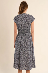 Navy Daisy Print Short Sleeve Midi Dress