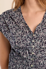 Navy Daisy Print Short Sleeve Midi Dress