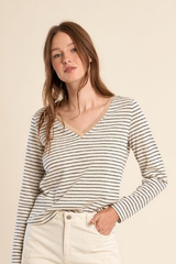 Off White and Navy V-Neck Sailor Long Sleeve Stripe Top