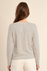 Off White and Navy V-Neck Sailor Long Sleeve Stripe Top
