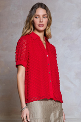 Red Short Sleeve Split Collar Button Down Top
