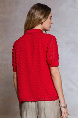 Red Short Sleeve Split Collar Button Down Top