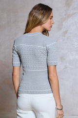 Grey V-Neck Short Sleeve Fitted Knit Cardigan