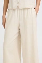 Beige Linen Wide Leg Crop Pants