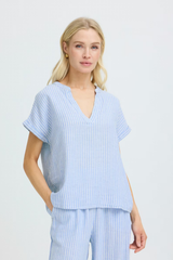 Blue Stripe V-Neck Short Sleeve Linen Top