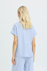 Blue Stripe V-Neck Short Sleeve Linen Top