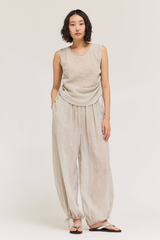 Natural Stripe Pleated Waist Baloon Pants