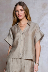 Dusty Sand Button Front Short Sleeve Top