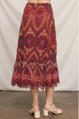 Brick Eyelet Embroidered Midi Skirt with Uneven Hem