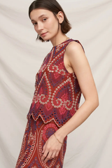 Brick Ruffle Bottom Eyelet Embroidered Top