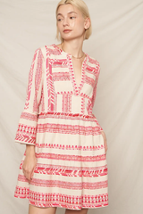 Embroidered 3/4 Sleeve V-Neck Mini Dress