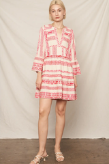 Embroidered 3/4 Sleeve V-Neck Mini Dress