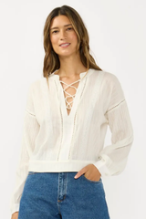 Off White Lace-Up Front Lace Trim Top