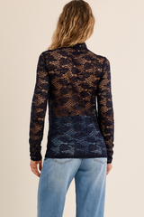 Navy Lace Detail Mock Neck Long Sleeve Top