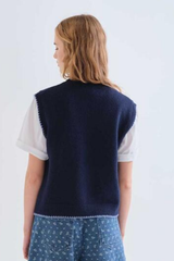 Navy Vest with Green Flowers