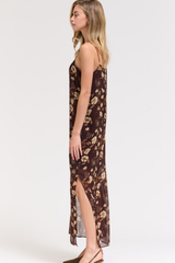 Chocolate Flower Print Spaghetti Strap Flowy Dress