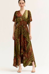 Red Brown and Green Uneven Hem Smocked Waist Short Sleeve Dress
