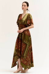Red Brown and Green Uneven Hem Smocked Waist Short Sleeve Dress