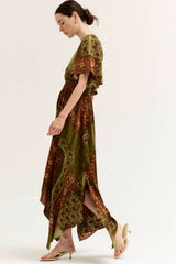 Red Brown and Green Uneven Hem Smocked Waist Short Sleeve Dress