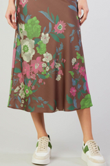 Mocha Floral Print Bias Elastic Waist Maxi Skirt