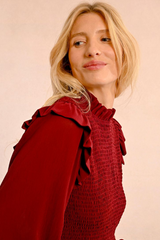 Dark Red Long Sleeve Ruffle Top