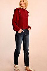 Dark Red Long Sleeve Ruffle Top