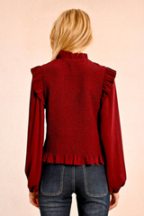 Dark Red Long Sleeve Ruffle Top