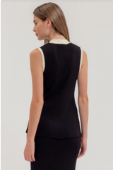 Black Knit Vest with Ivory Piping